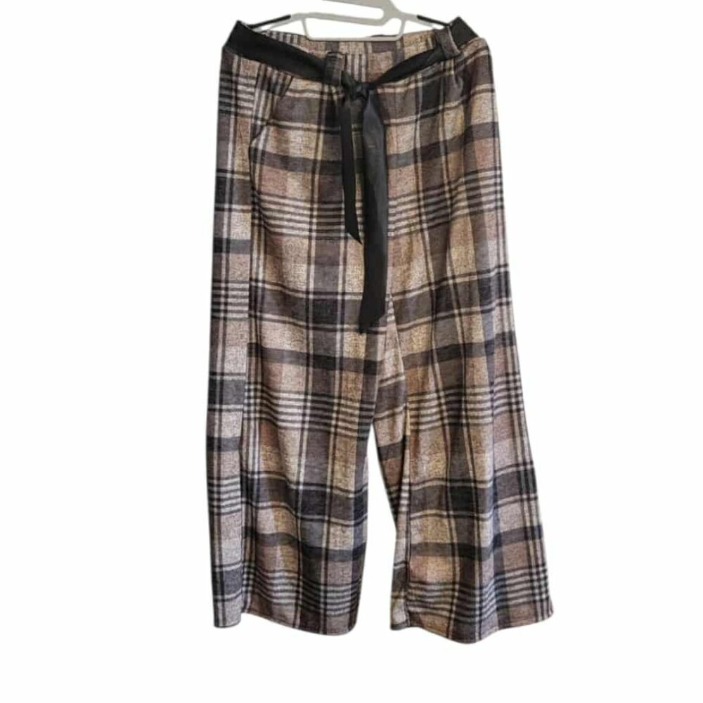 Eternelle Italy Plaid Pant Black Brown Tie Waist Wide Leg Earthy Gorpcore
